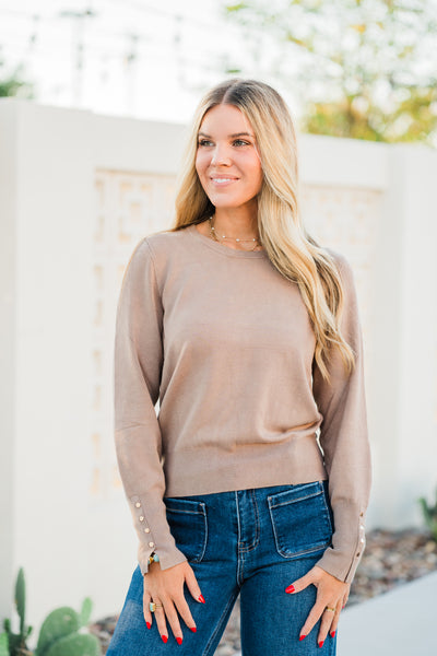 Signature Button Cuff Top- Mocha