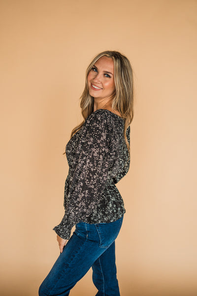 Black Smocked Floral Blouse