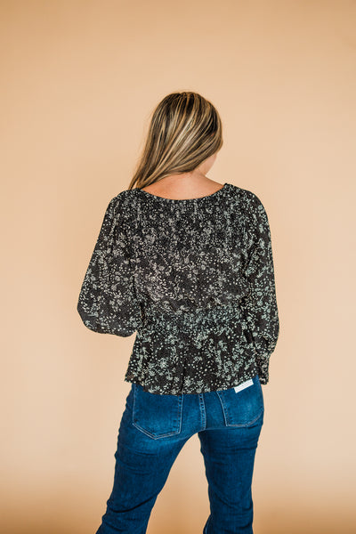 Black Smocked Floral Blouse