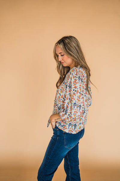 Off White and Rust Bohemian Front Tie Blouse