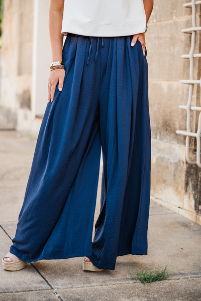 Navy Airflow Pleated Wide Leg Pants
