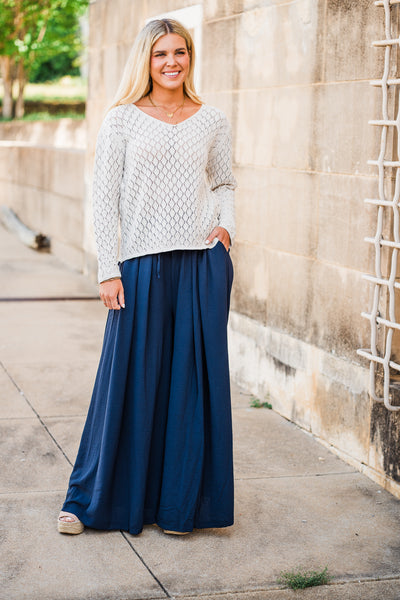 Navy Airflow Pleated Wide Leg Pants