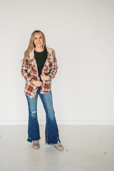 Rust Plaid Hooded Button Down Shirt