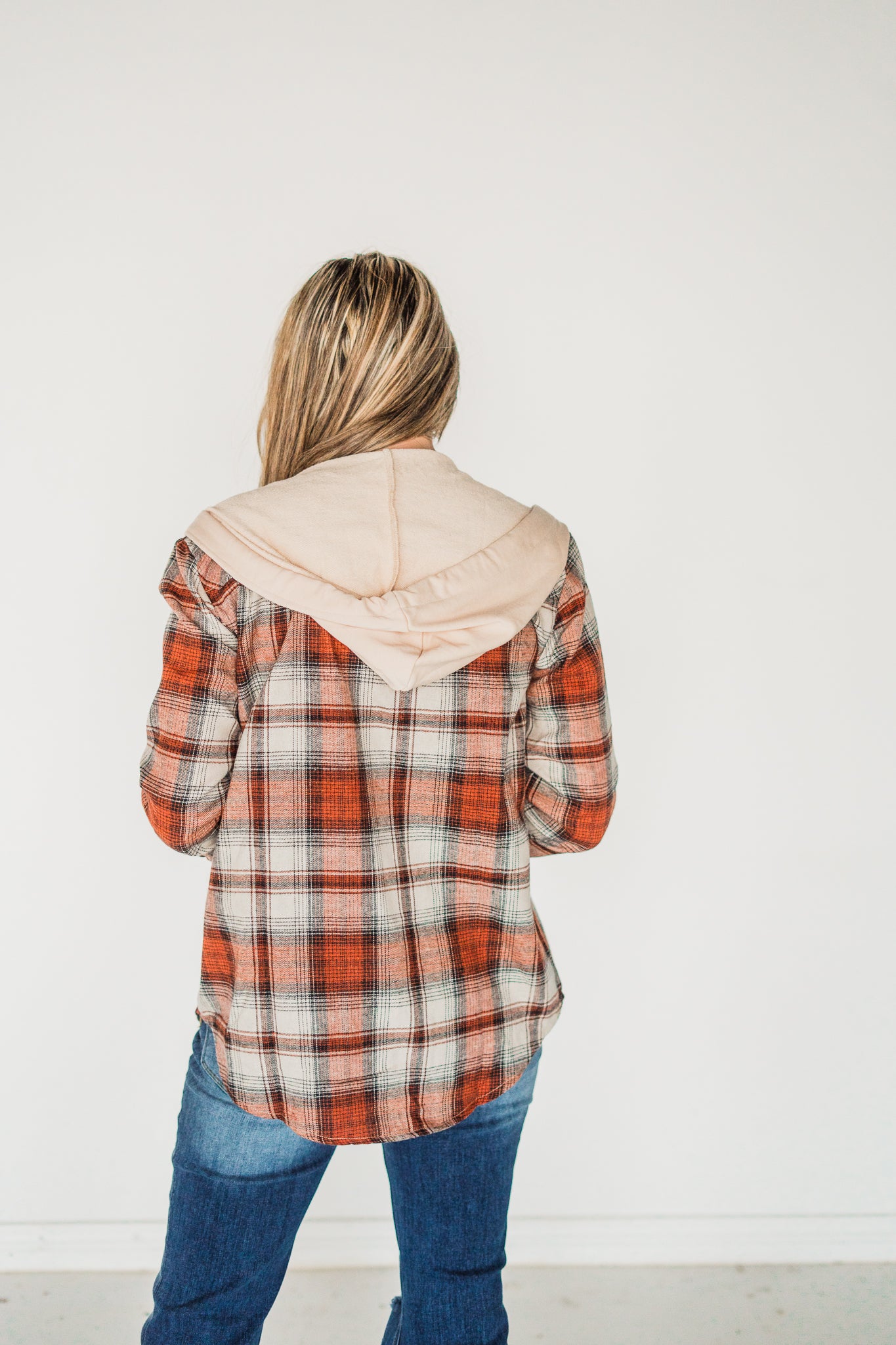 Rust Plaid Hooded Button Down Shirt