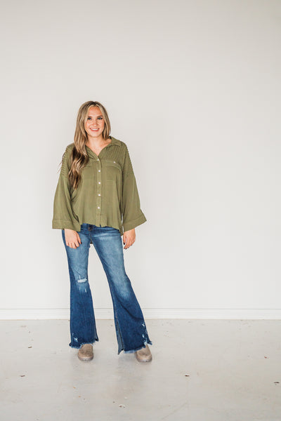 Olive Solid Pintuck Button Blouse