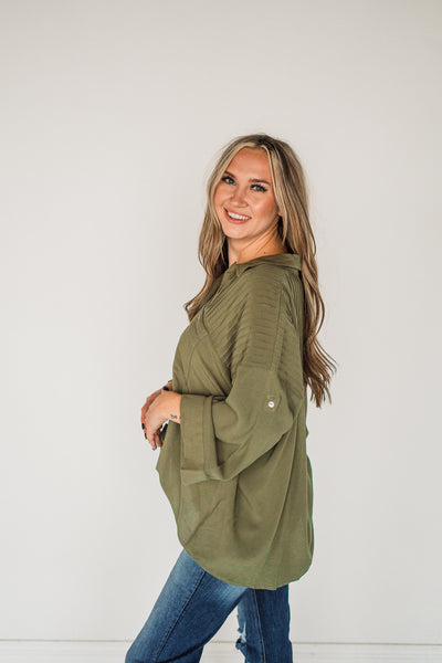 Olive Solid Pintuck Button Blouse