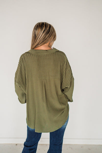 Olive Solid Pintuck Button Blouse