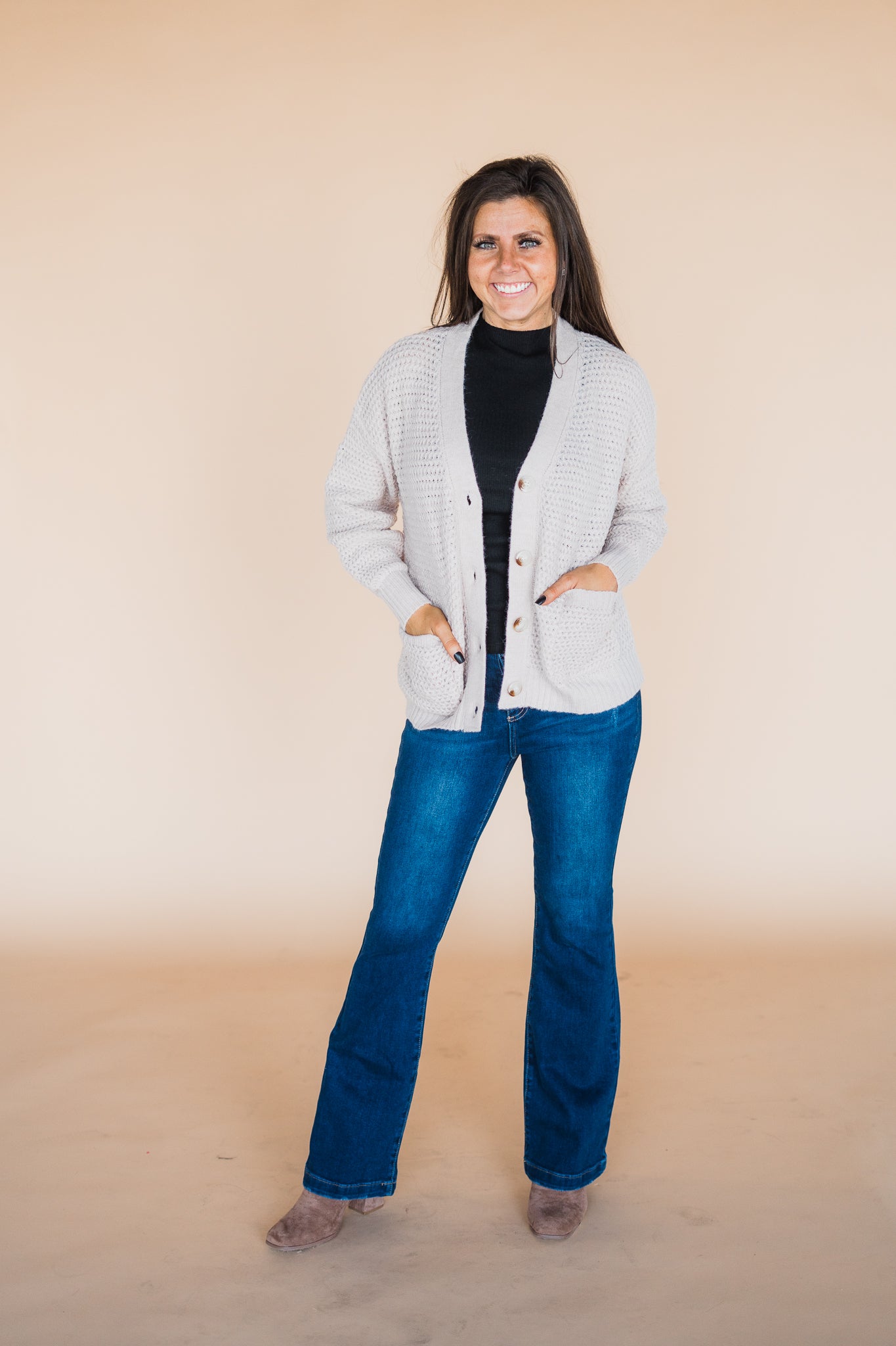 Soft Almond Woven Button Front Cardigan