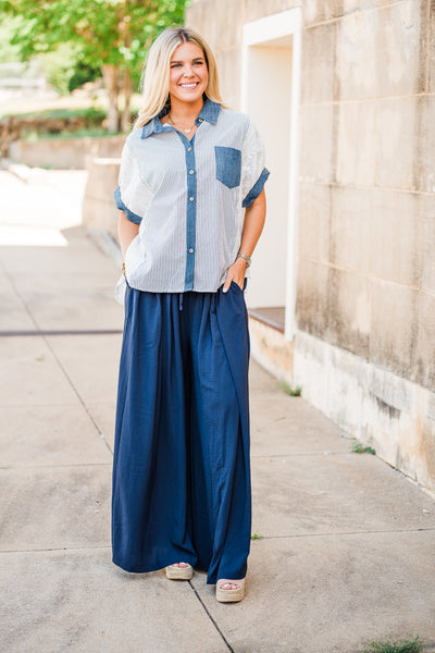 Navy Airflow Pleated Wide Leg Pants