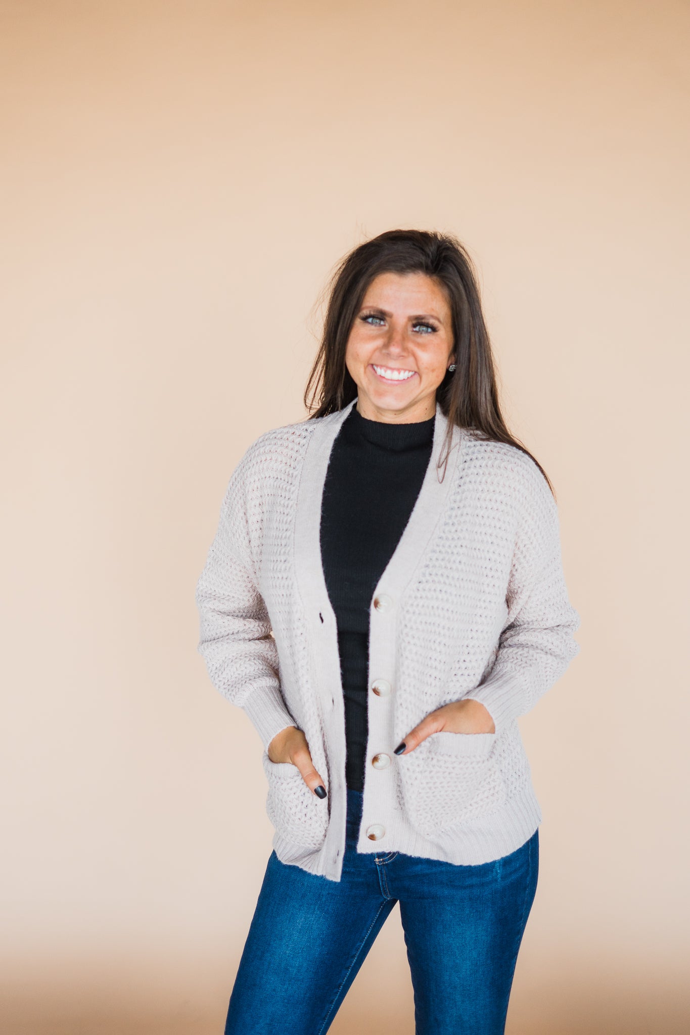 Soft Almond Woven Button Front Cardigan