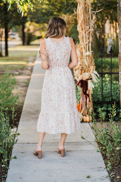 Virginia Midi Dress in White and Brown