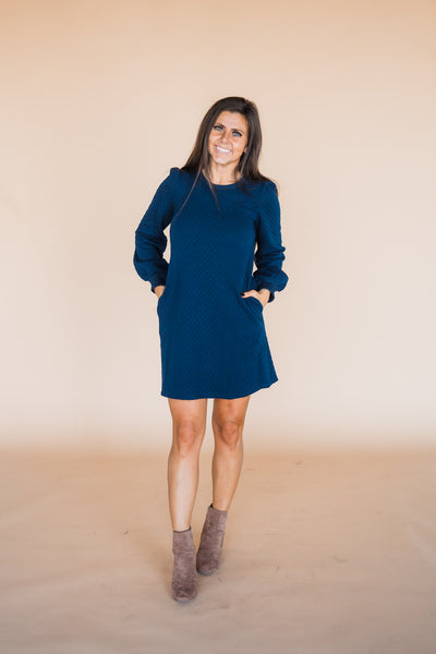 Navy Textured Cable Knit Long Sleeve Mini Dress