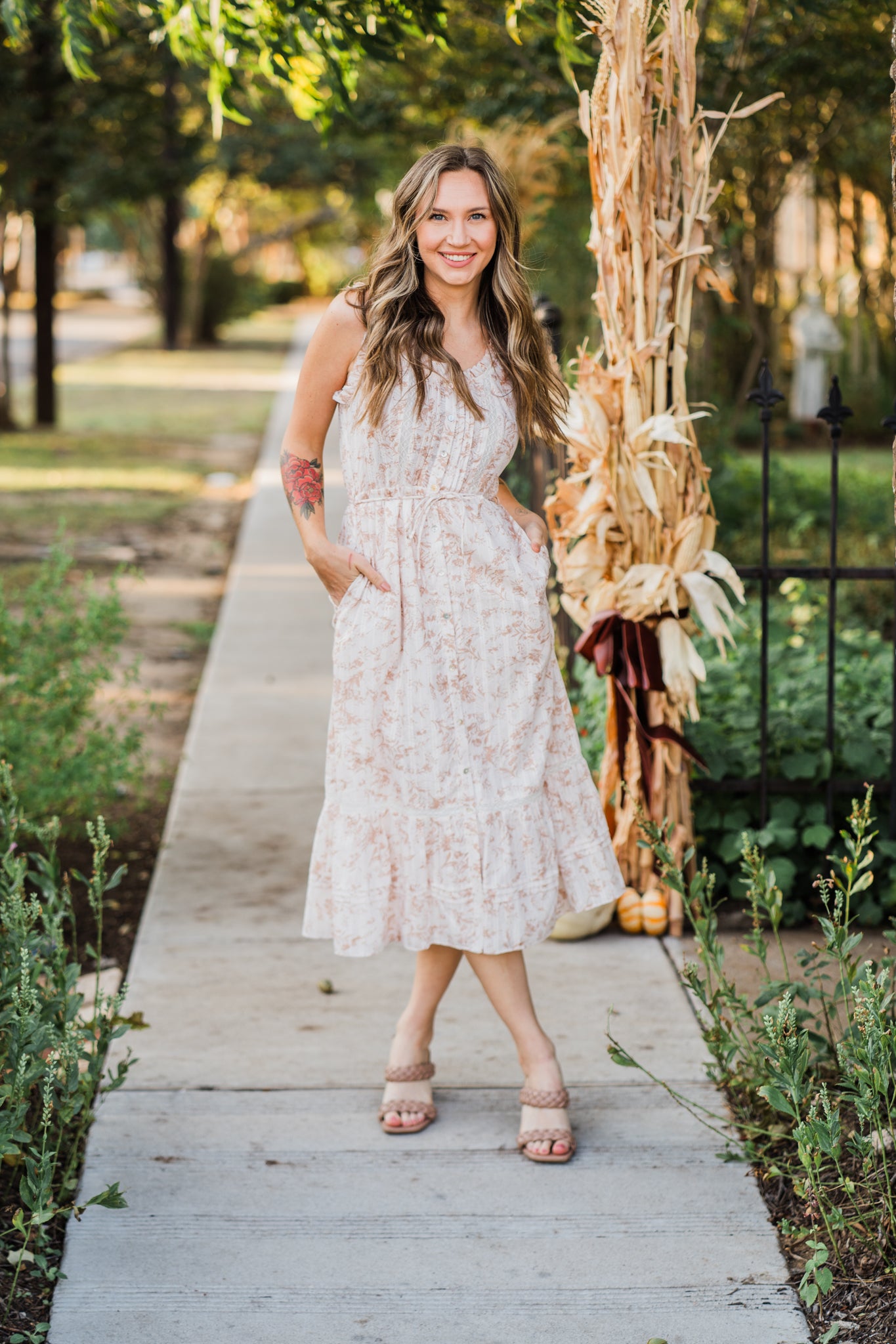 Virginia Midi Dress in White and Brown