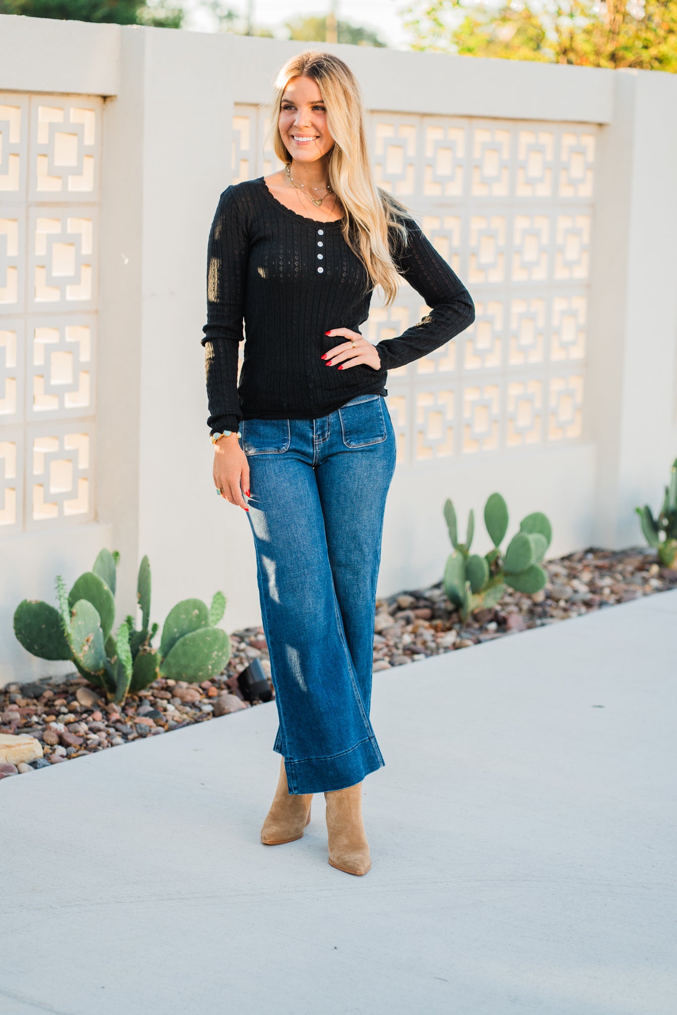 Black Pointelle Scoop Neck Henley Top