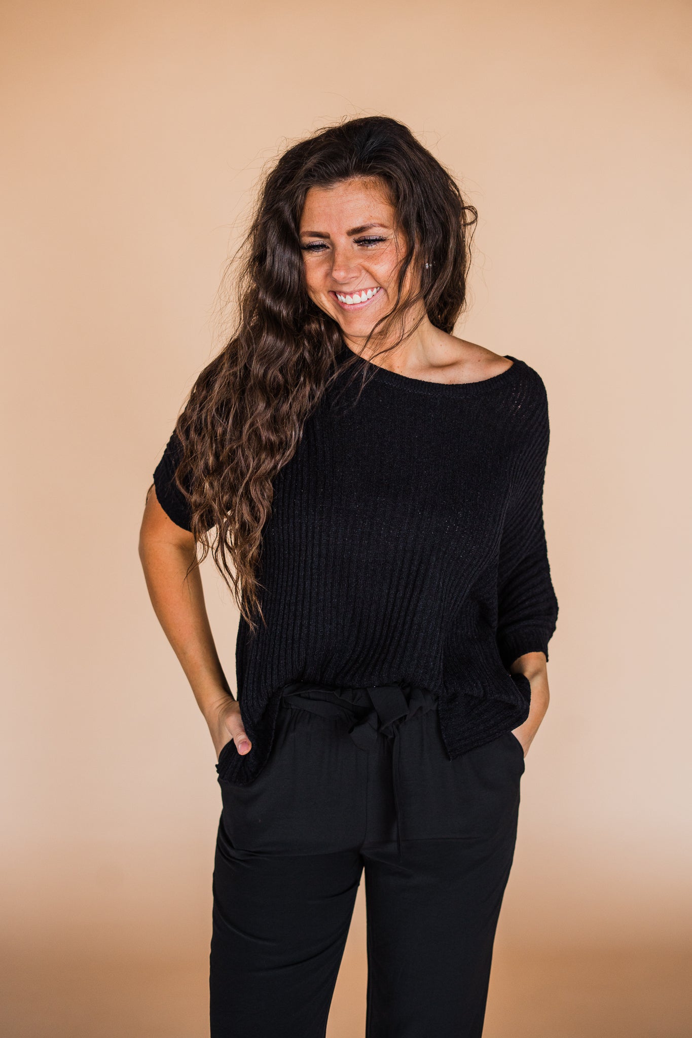 Black Round Neck Dolman Short Sleeve Oversized Sweater