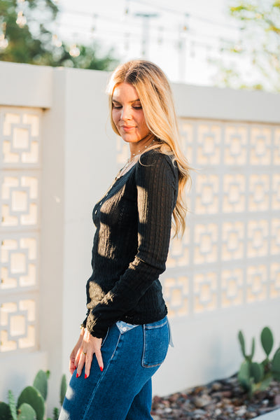 Black Pointelle Scoop Neck Henley Top