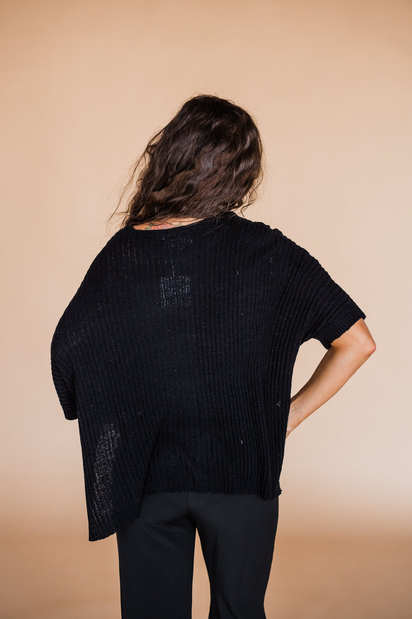 Black Round Neck Dolman Short Sleeve Oversized Sweater