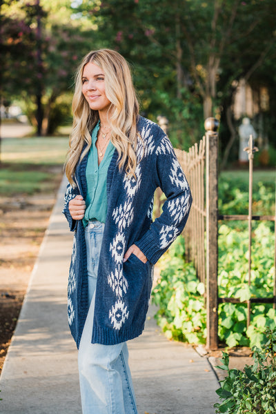 Southwestern Open Front Cardigan- Indigo
