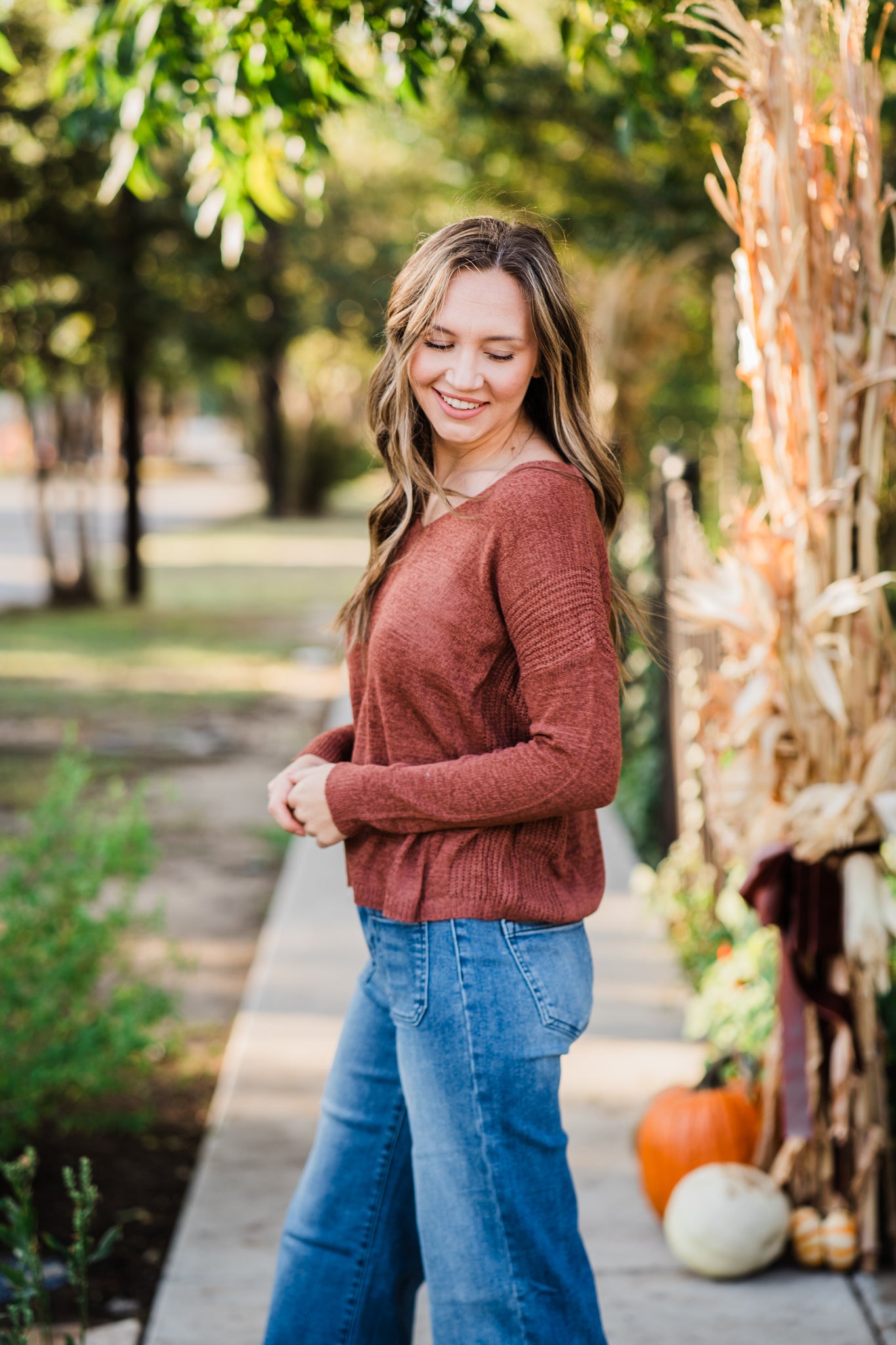 Chestnut Casual V-Neck Sweater