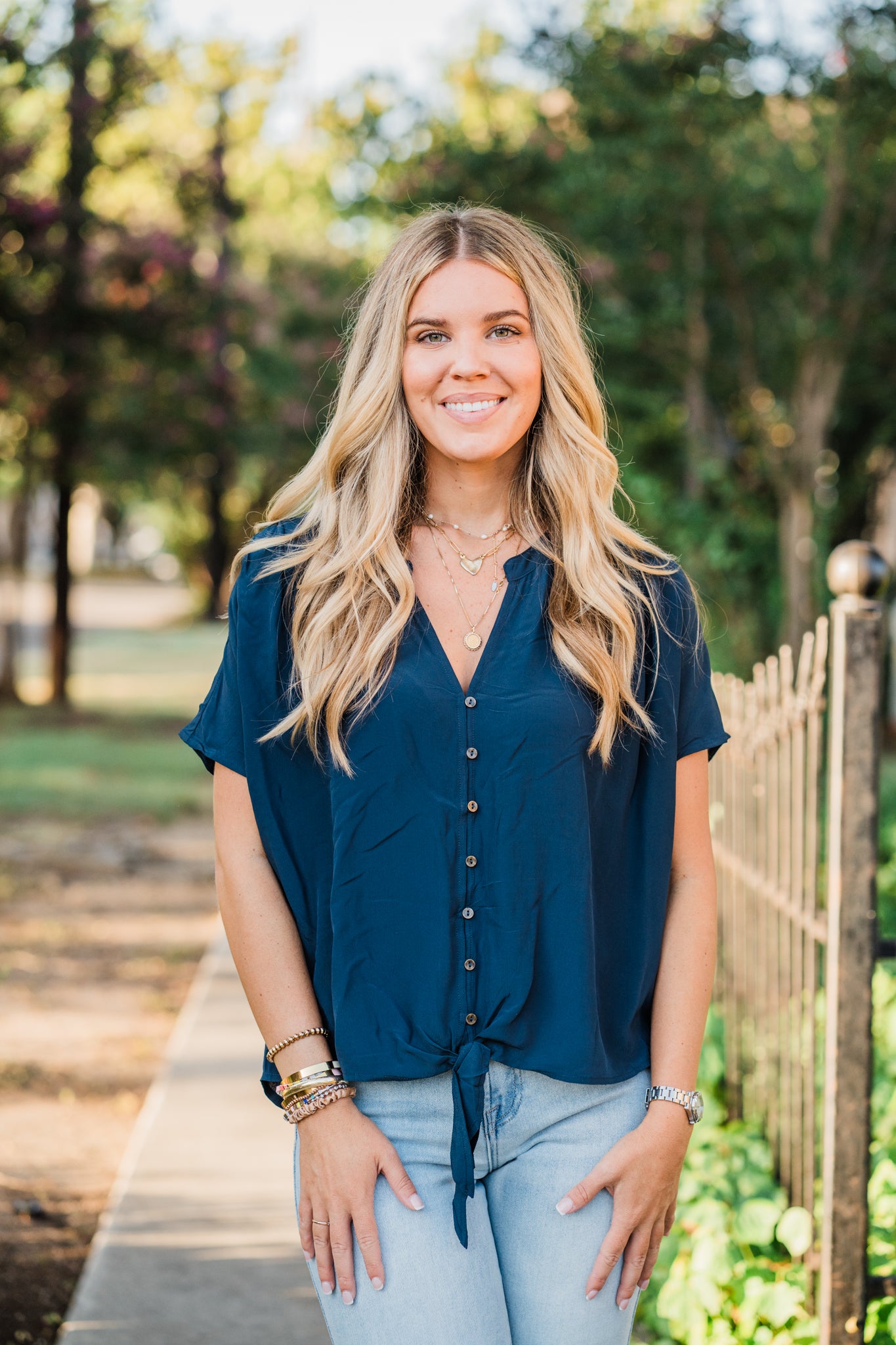 Wanderwood Button Front-Tie Blouse- Navy