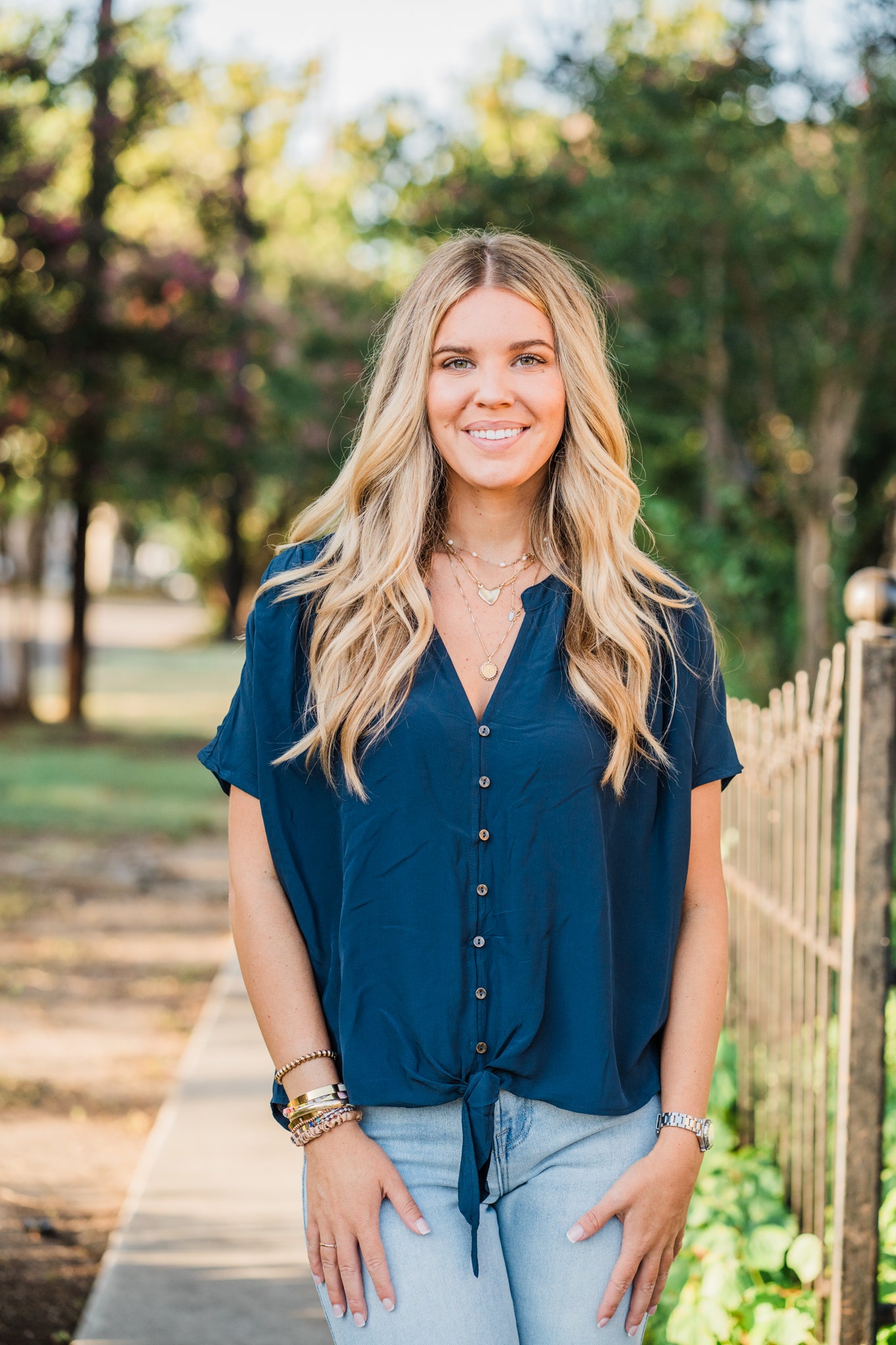 Wanderwood Button Front-Tie Blouse- Navy
