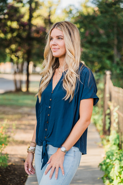 Wanderwood Button Front-Tie Blouse- Navy