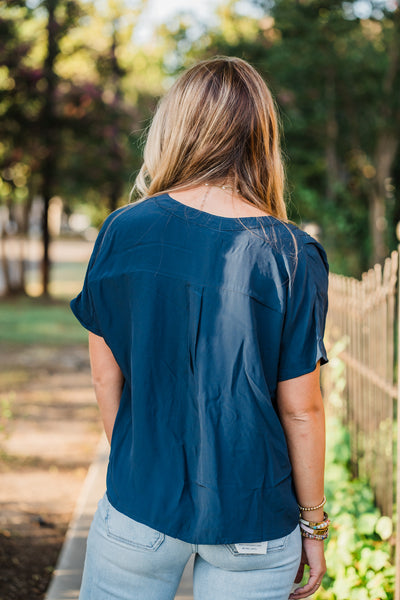 Wanderwood Button Front-Tie Blouse- Navy