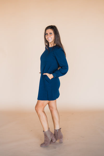Navy Textured Cable Knit Long Sleeve Mini Dress
