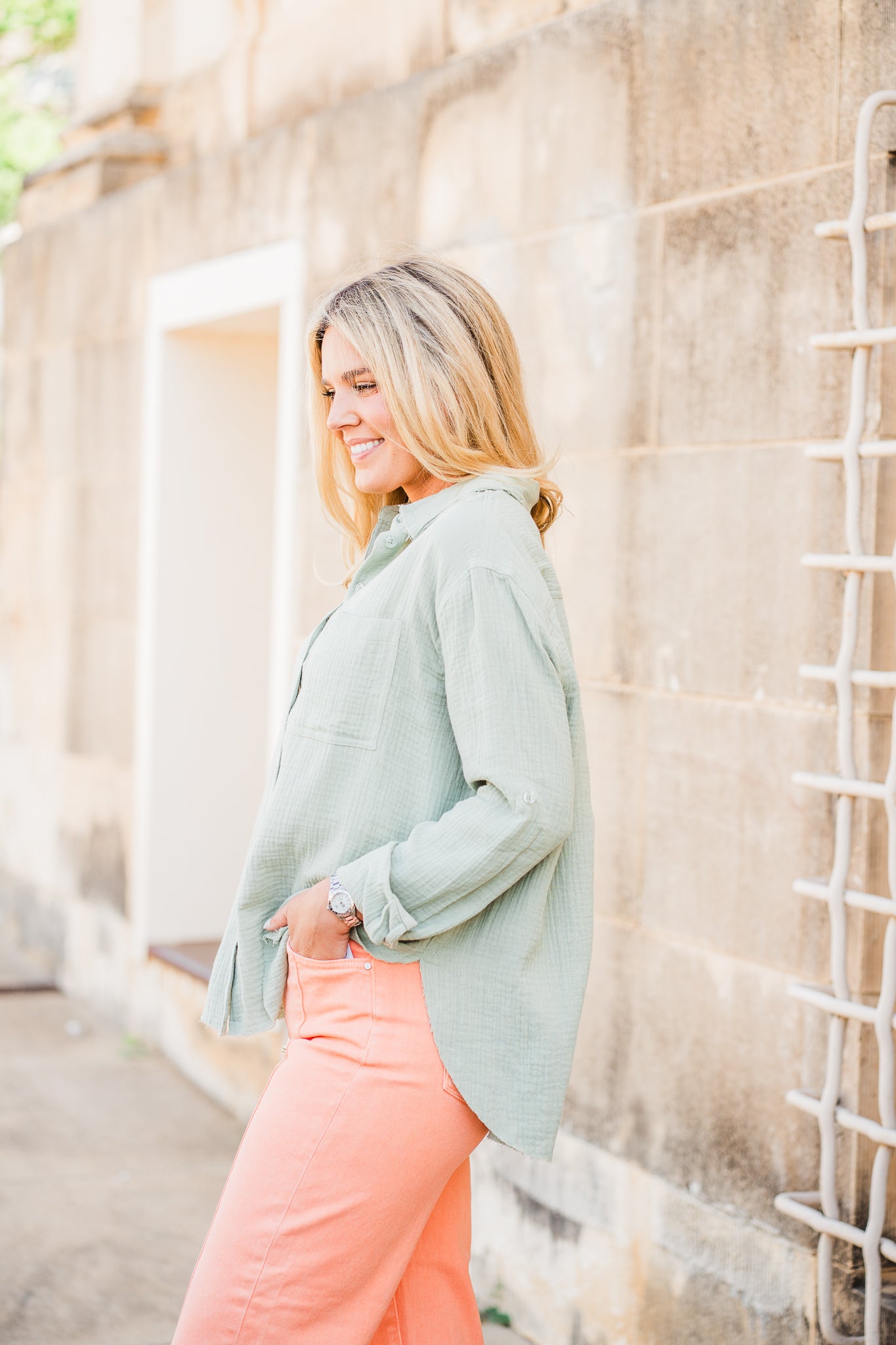 Sage Gauze Button Down Shirt