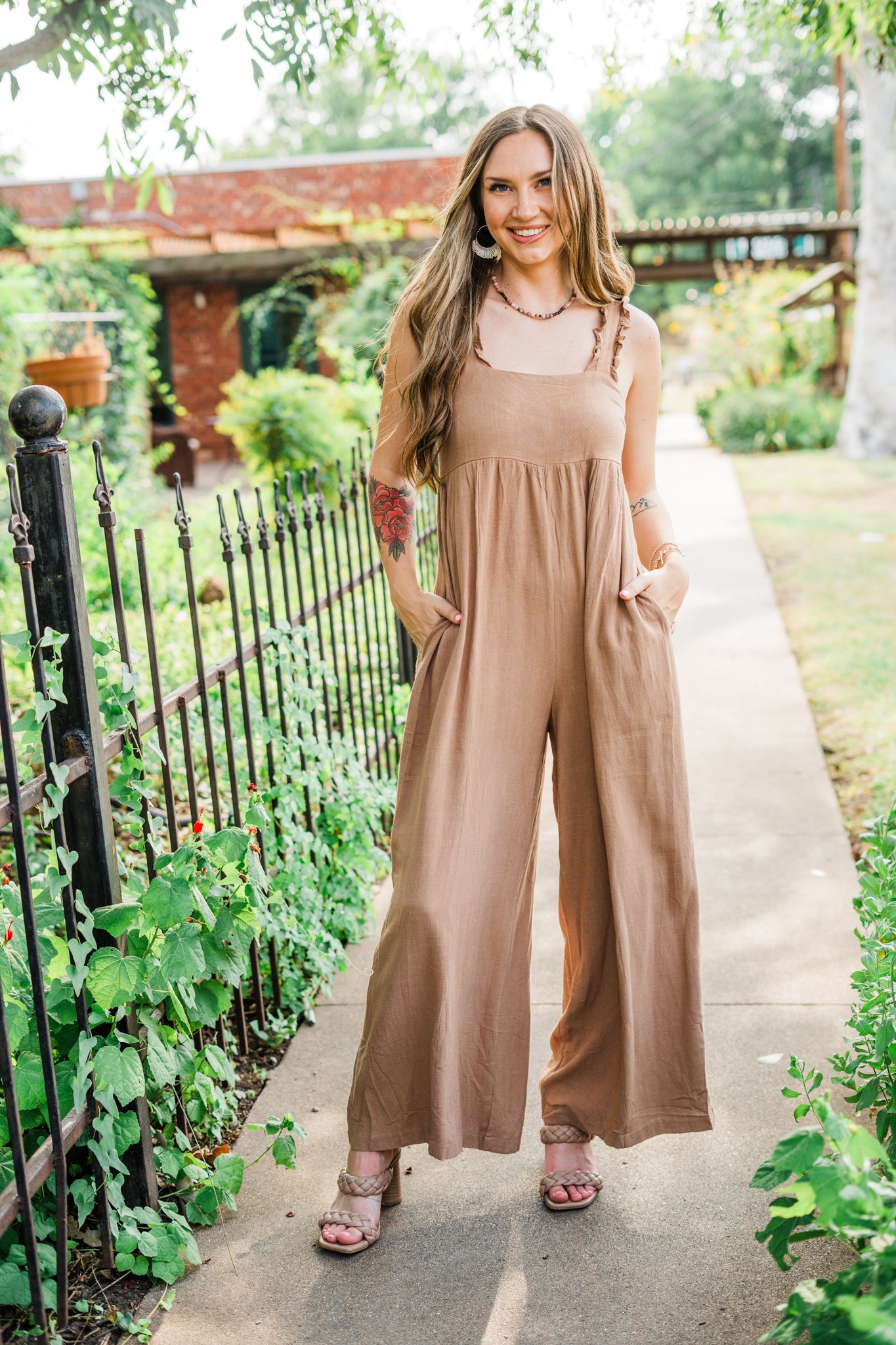 Mocha Ruffle Detail Wide Leg Jumpsuit