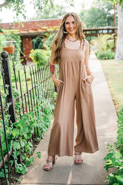 Mocha Ruffle Detail Wide Leg Jumpsuit