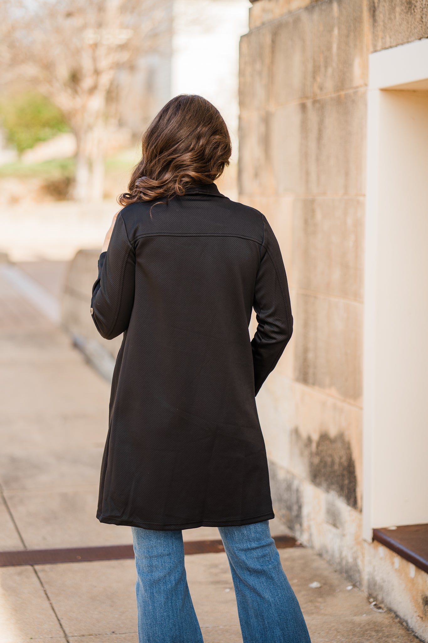 Black Solid Textured Midi Coat