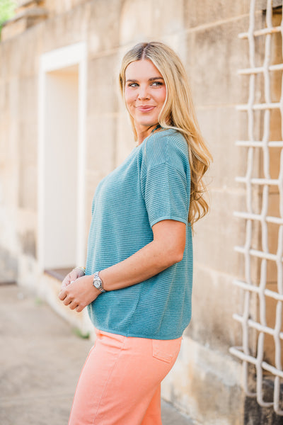 Desert Green Ribbed Boxy Short Sleeve Top