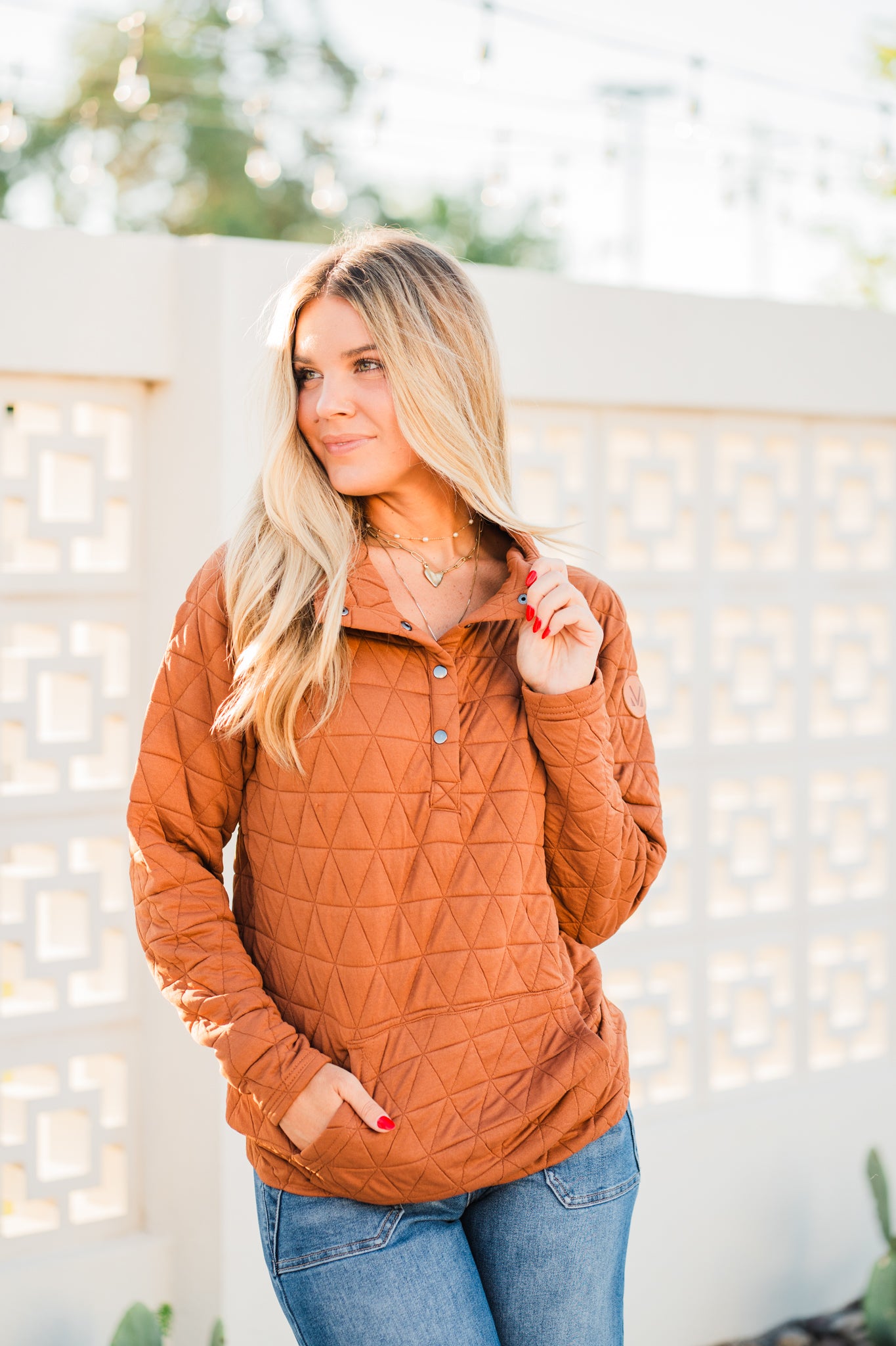 Geometric Snap Pullover- Rust