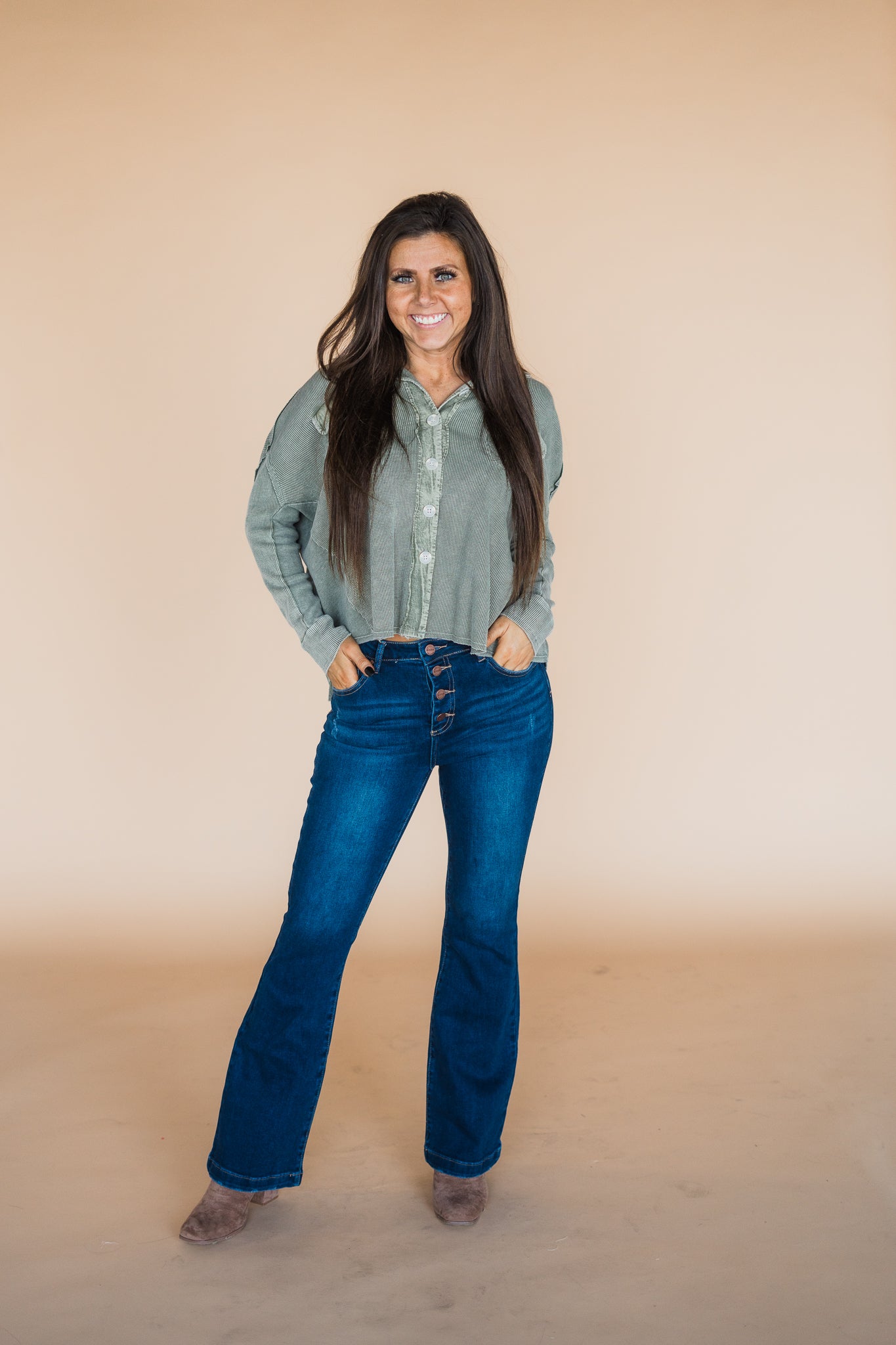 Olive Long Sleeve Mineral Wash Thermal Button Up