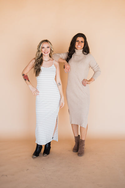 Sand Turtleneck Ribbed Sweater Midi Dress