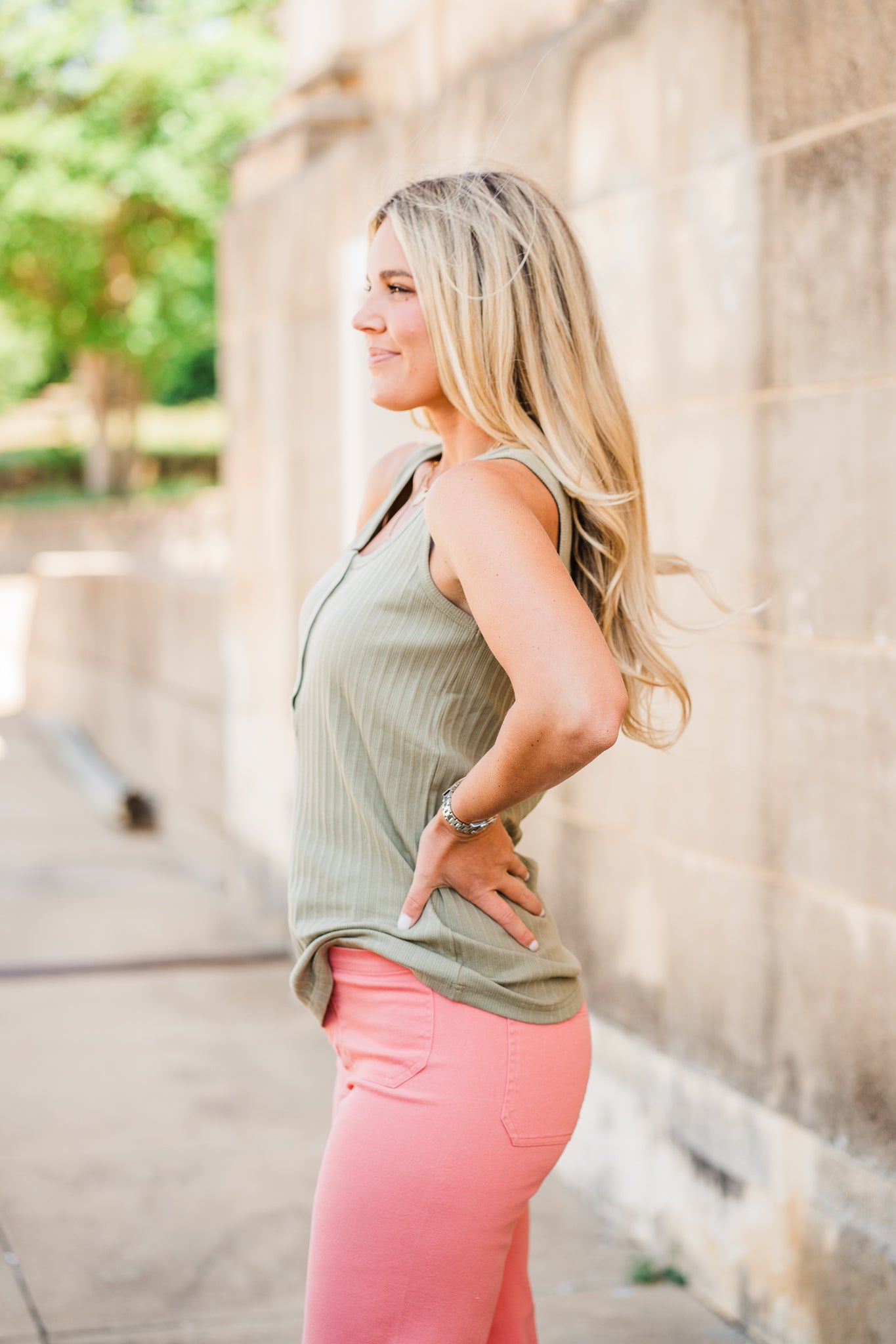 Ribbed Scoop Neck Light Olive Tank Top