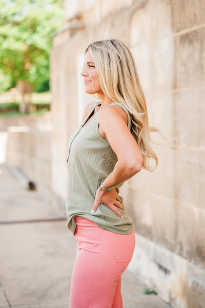 Ribbed Scoop Neck Light Olive Tank Top