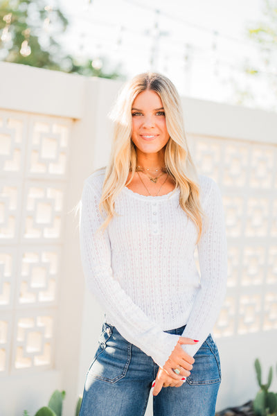 White Pointelle Scoop Neck Henley Top