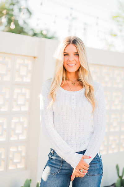 White Pointelle Scoop Neck Henley Top