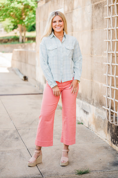 Spring Seagrass Pocket Plaid Button Down Shirt