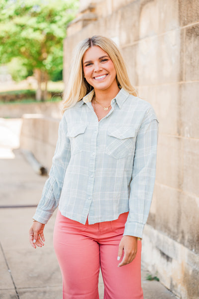 Spring Seagrass Pocket Plaid Button Down Shirt