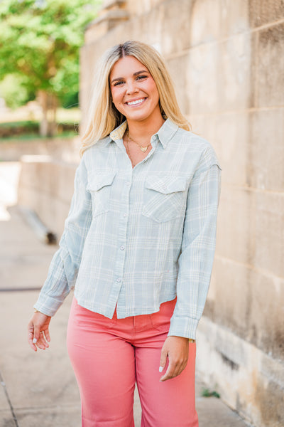 Spring Seagrass Pocket Plaid Button Down Shirt
