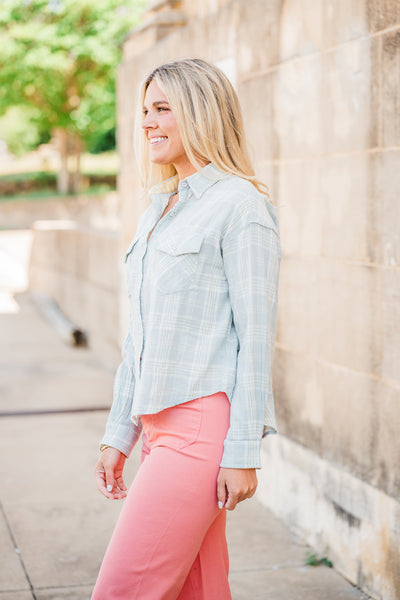 Spring Seagrass Pocket Plaid Button Down Shirt