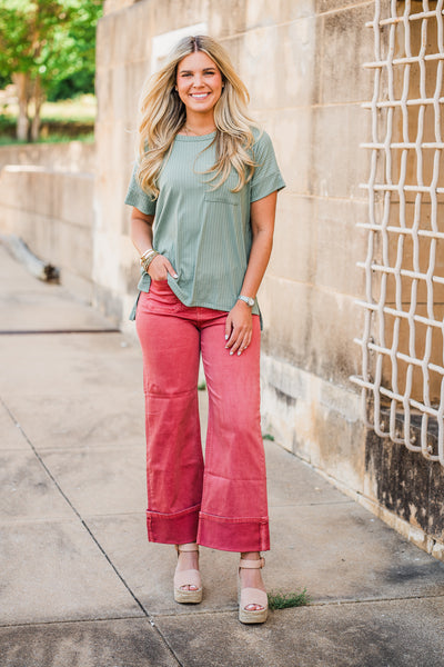 Dark Sage Rib Knit Dolman Short Sleeve Top