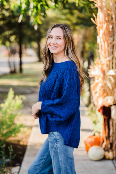 Royal Blue Round Neck Knit Sweater