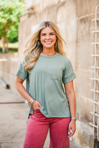 Dark Sage Rib Knit Dolman Short Sleeve Top