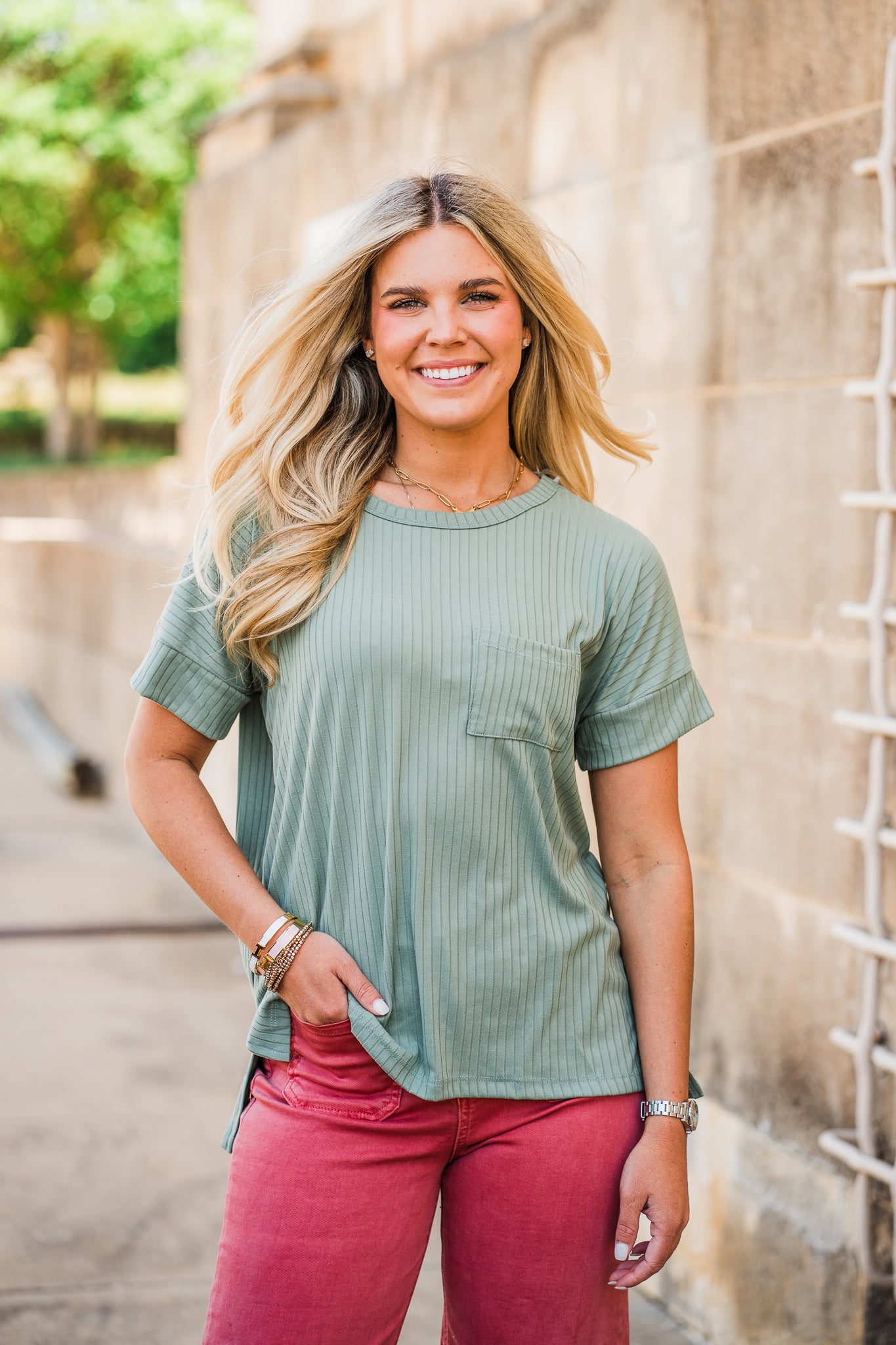 Dark Sage Rib Knit Dolman Short Sleeve Top