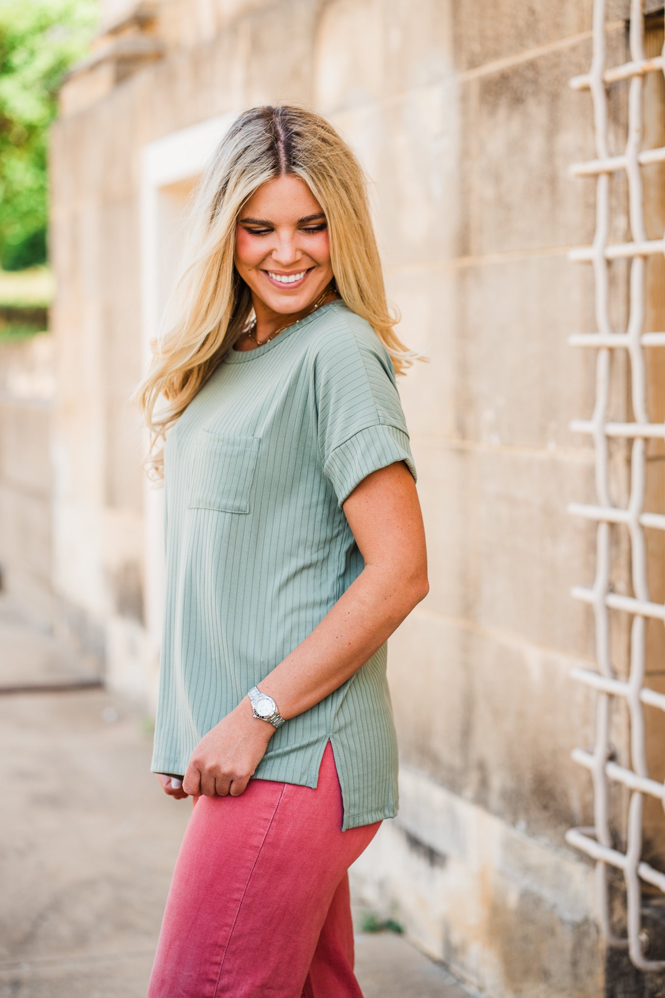 Dark Sage Rib Knit Dolman Short Sleeve Top