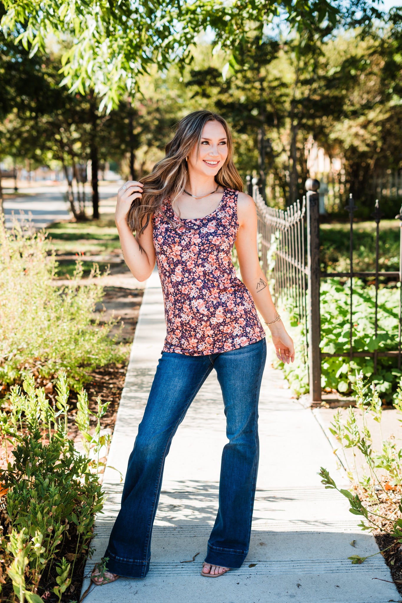 Navy Floral Mix Crew Tank